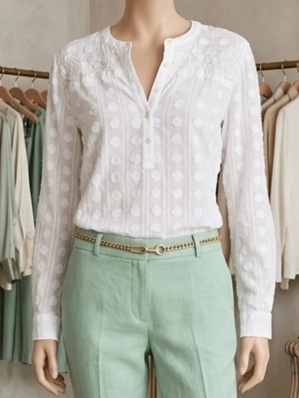 Loft White Patterned Henley White Cotton Blouse Size Petite XXS